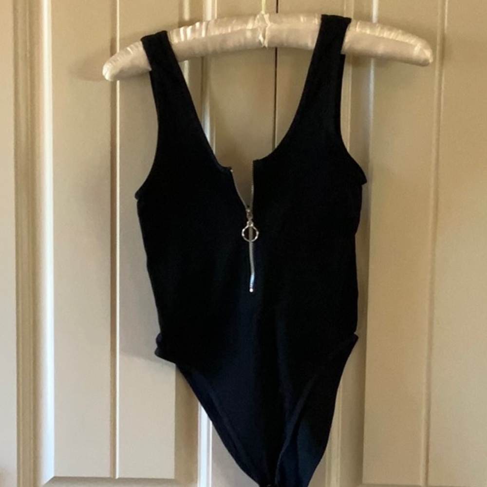Black ribbed, zip front bodysuit